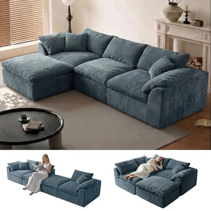 Cloud Couch Sectional for Living Room, Modular L Shaped Boneless Sofa with Chaise, Compressed No Assembly Couch, Deep Seat Chenille Upholstered Convertible Sofa Bed (Blue) - color: Blue