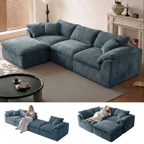 Cloud Couch Sectional for Living Room, Modular L Shaped Boneless Sofa with Chaise, Compressed No Assembly Couch, Deep Seat Chenille Upholstered Convertible Sofa Bed (Blue) - color: Blue
