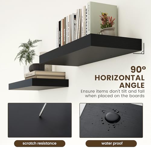 30 Inch Floating Shelves, 12'' Deep Black Shelves for Wall Set of 2 | Invisible Brackets, Engineered Wood, Mounting Hardware Included, 45LBS, Bathroom, Laundry Room, Kitchen, Living Room - color: Black, size: 30W x 11.6D x 2H, 2 Pack
