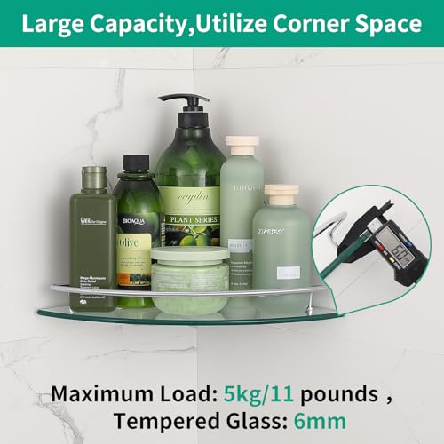 2 Ties Glass Corner Shelf with SUS 304 Stainless Steel Rail Chrome Finished, Esquinero para baños, Rustproof Tempered Glass Shelf, Shower Caddy Organizer 9.8" x 9.8" - size: 2 PACK With Rail