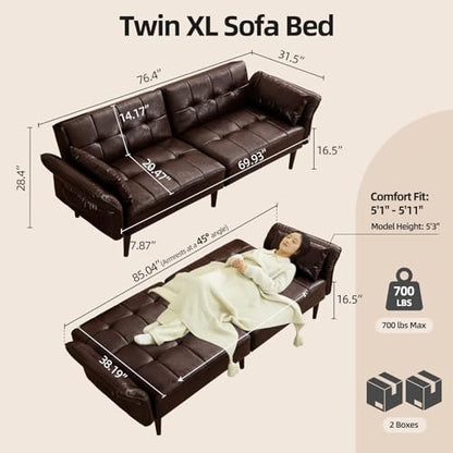 HALLYBEE 85" Futon Faux Leather Couch with Adjustable Armrests Coffee Brown | Futon Sofa Bed, Sleeper Sofa, Small Couch with Pillows, Side Pockets, Mid Century Modern, Living Room, Bedroom, Apartment - color: Coffee Brown