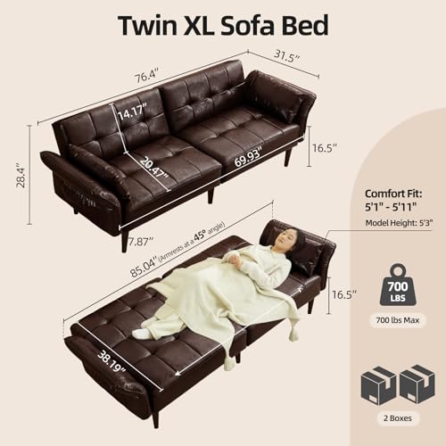 HALLYBEE 85" Futon Faux Leather Couch with Adjustable Armrests Coffee Brown | Futon Sofa Bed, Sleeper Sofa, Small Couch with Pillows, Side Pockets, Mid Century Modern, Living Room, Bedroom, Apartment - color: Coffee Brown