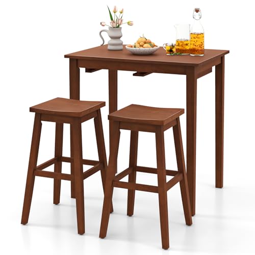 COSTWAY 3-Piece Bar Table Set, Wooden Bistro Set w/Pub Table and 2 Saddle Stools, Bar Chairs Under Counter Height Table, Space-Saving Dining Set for Breakfast Nook, Living Room, Small Space | Bar Chairs Under Counter Height Table, Space-saving Dining Set