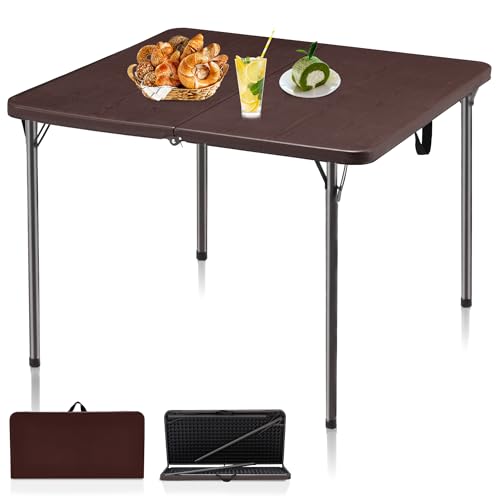 Kasunpul 34" Folding Table, Portable Square Folding Card Table with Collapsible Legs & Carrying Handle, Plastic Tables for Camping,Picnic, Office, Party, Brown | Sturdy plastic card table, space saving after folded, lightweight for camping, picnic, party,