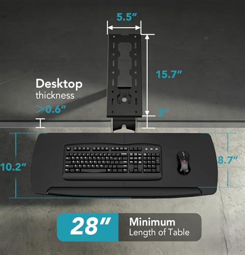 Keyboard Tray Under Desk with Storage Drawer, Height Adjustable Keyboard Tray Slide Out 360° Swivel Tilt, Ergonomic Under Desk Mount Keyboard & Mouse Holder for Gaming Home Office - size: 28” Length