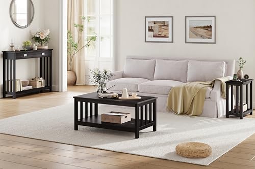 ChooChoo Mission Coffee Table, Black Wood Living Room Table with Shelf, 47 inch - color: Black, size: 22"D x 47.2"W x 18.1"H