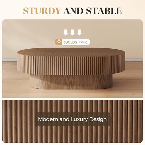YOUDENOVA 43.7” Oval Coffee Table, Modern Wood Fluted Coffee Table for Living Room, Veneer Handcrafted Relief Center Table with Sturdy Pedestal，Easy Assembly - Walnut - color: 43.7" Brown-oval
