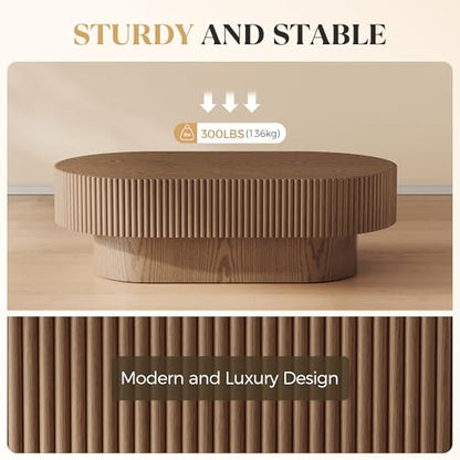 YOUDENOVA 43.7” Oval Coffee Table, Modern Wood Fluted Coffee Table for Living Room, Veneer Handcrafted Relief Center Table with Sturdy Pedestal，Easy Assembly - Walnut - color: 43.7" Brown-oval