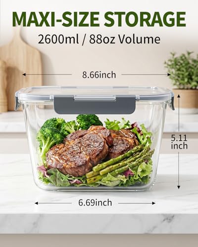 2 Pack 88oz/11 Cups Large Glass Storage Containers with Lids, High Borosilicate BPA Free Airtight Leakproof Meal Prep Containers for Microwave, Freezer & Dishwasher, Kitchen, Gym & Picnic,Baking - color: 2600ML*2