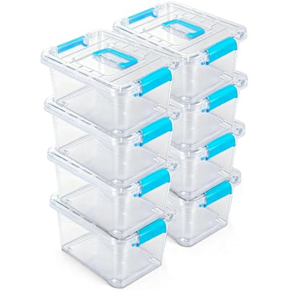 Jetec 8 Pack Clear Plastic Storage Container Bins with Lids 6.5 Qt with Blue Handles, PP Material Storage Containers, Stackable Organizer Bins for Home Office Supplies, 11.02 x 7.48 x 6.02''