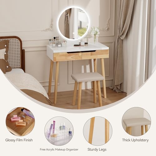 YOURLITE Makeup Vanity Desk with Lighted Mirror & Stool | 31.5" Makeup Table, 3 Lighting Modes, Adjustable Brightness, 2 Drawers, Cushioned Stool, Round Mirror - size: 31.5", style: Round Mirror Wooden