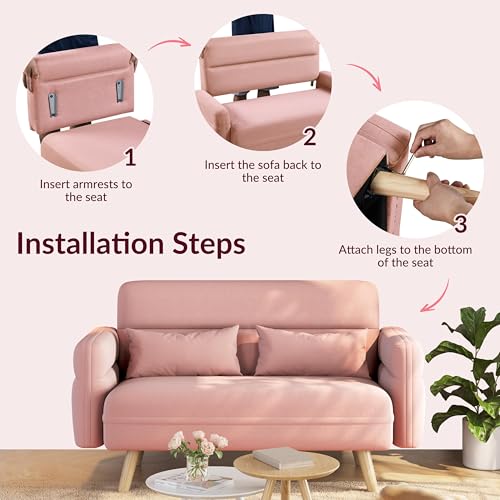 Yaheetech 46" Small Sofa Compact Modern Couch with Wood Legs, Pink | Loveseat Small Sofa in Fabric 2 Seater Couch Features Wood Legs, Lumbar Pillows, Easy Assembly for Living Room, Bedroom, Dorm - color: Pink