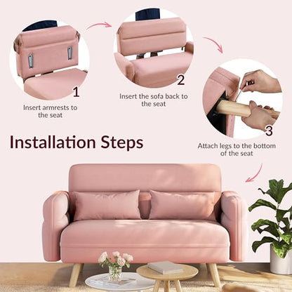 Yaheetech 46" Small Sofa Compact Modern Couch with Wood Legs, Pink | Loveseat Small Sofa in Fabric 2 Seater Couch Features Wood Legs, Lumbar Pillows, Easy Assembly for Living Room, Bedroom, Dorm - color: Pink