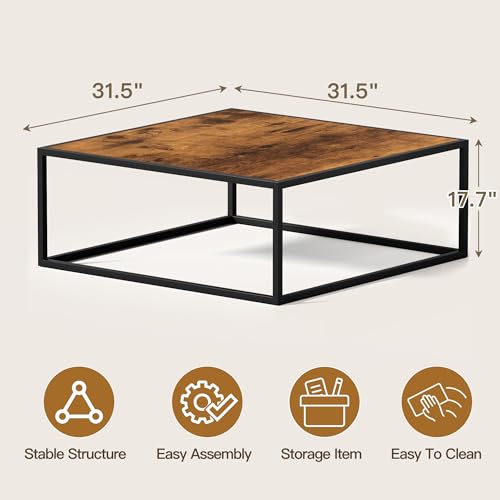 31.5" Square Coffee Table, Mid-Century Modern Brown Center Table for Living Room, Floor Table for Sitting on The Floor, Wood Cocktail Tea Contemporary Tables with Metal Frame for Office Apartment Home - color: 31.5"d Square Brown