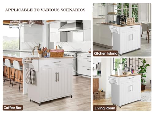 Kitchen Storage Island, Wooden Rolling Island On Wheels with Wood Top, Mobile Kitchen Island Cart with Towel Rack, Spice Rack and Drawers, White - color: White