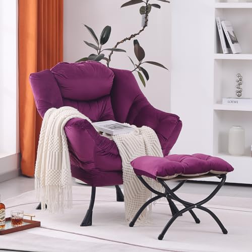Lazy Chair with Ottoman, Modern Accent Chair Lounge Leisure Sofa Chair with Armrests, Reading Chair and Folding Footstool for Living Room, Bedroom, Office - color: Velvet Dark Purple