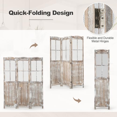 GOFLAME 3-Panel Folding Room Divider, 6FT Paulownia Wood Privacy Screen with Mesh Window, Natural Rustic Freestanding Wall Divider Partition for Room Separation, No Assembly Required