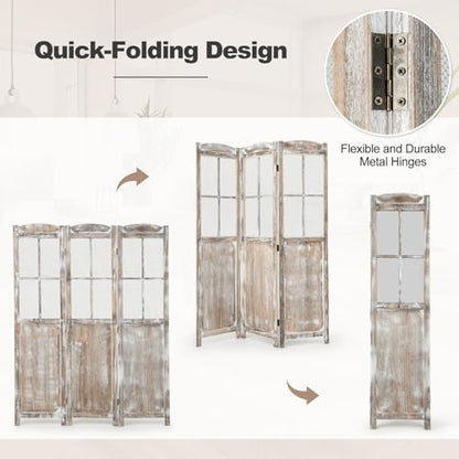 GOFLAME 3-Panel Folding Room Divider, 6FT Paulownia Wood Privacy Screen with Mesh Window, Natural Rustic Freestanding Wall Divider Partition for Room Separation, No Assembly Required
