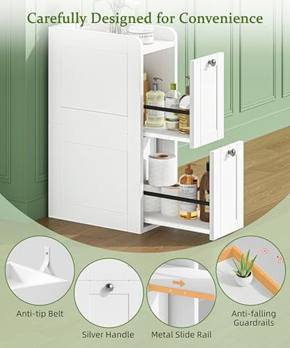 Keehusux Slim Bathroom Storage Cabinet with 2 Slide Out Drawers, White | Narrow Storage Organizer, Anti-drop Guardrail, Freestanding Toilet Paper Holder for Kitchen Corner and Small Spaces, Modern