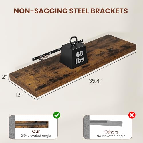 Vivelove Deep Floating Shelves 36x12” Set of 2, Rustic Brown | Easy Install With Hardware, 2" Thick, Invisible Brackets, Wall Mounted, No Sagging, For Any Room - color: Rustic Brown, size: 36”wx12”dx2”h