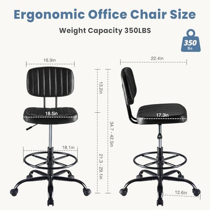 DUMOS Armless Drafting Chair, Standing Desk Chair, Rolling Stool | Ergonomic Low Back Office Seat, Height Adjustable with Footrest Ring, PU Leather, Swivel Wheels, Studio Lab Counter, Black - color: Black