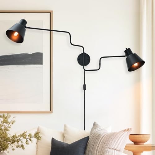 Black Swimg Arm Wall Sconce 2-Light Long Swivel Arms Wall Lamp | Large Plug in Wall Mount Lighting Fixture Adjustable Industrial Wall Light for Living Room Bedroom - color: Black-C 2-Lights