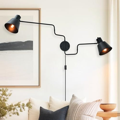 Black Swimg Arm Wall Sconce 2-Light Long Swivel Arms Wall Lamp | Large Plug in Wall Mount Lighting Fixture Adjustable Industrial Wall Light for Living Room Bedroom - color: Black-C 2-Lights