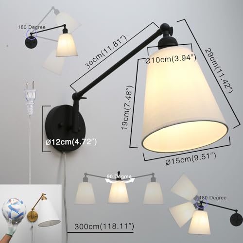 Retro Swing Arm Wall Sconce Plug in Wall Lamp Black Single Sconce with White Fabric Shade Wall Light Fixture for Bedroom Living Room Office - color: Black