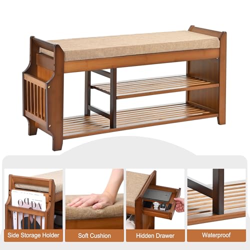 PETKABOO Shoe Bench with Hidden Drawer and Side Holder, 2 Tier Entryway Bench with Storage 39.4 in, Bamboo Shoe Rack with Cushion for Entryway Hallway Living Room Bedroom - size: 39.4"