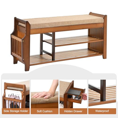 PETKABOO Shoe Bench with Hidden Drawer and Side Holder, 2 Tier Entryway Bench with Storage 39.4 in, Bamboo Shoe Rack with Cushion for Entryway Hallway Living Room Bedroom - size: 39.4"