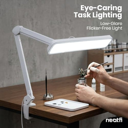 Neatfi XL 2,500 Lumens 30W LED Task Lamp for Manicure Table, Crafts, Workbench, Office – 22” Wide Shade Desk Light | Eye-Caring 6500K | 4-Level Brightness (White, Non-CCT with Clamp) - color: White