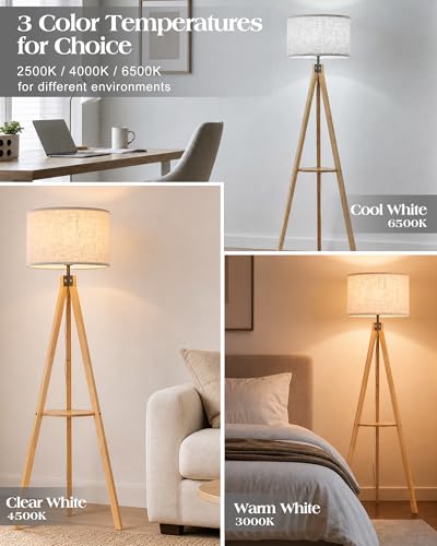 ELYONA Wood Floor Lamp for Living Room, Japandi Tripod Standing Lamp with Linen Shade & Wood Tray Table, Shelf Floor Lamp for Bedroom, Office, Dining Room, LED 3 Color Temperatures 9W Bulb Included - style: Janpandi