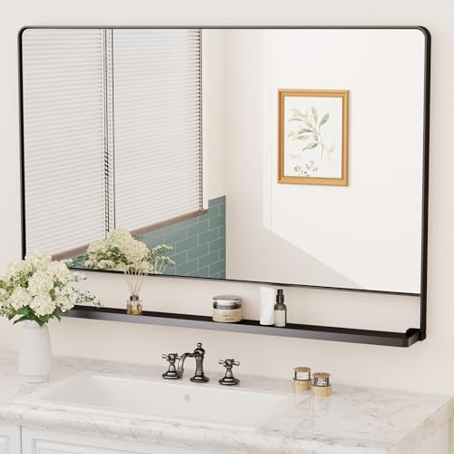 Keonjinn 48 x 32 in Black Large Bathroom Mirror with Shelf, Rust-Resistant | Rounded Corner, Rectangle Metal Bathroom Vanity Mirror with Storage, French Cleat Mount, Entryway, Bedroom, Hallway, Décor - color: Black, size: 32"L x 48"W