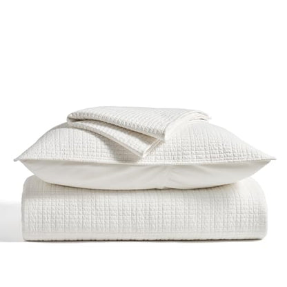 100% Cotton Modern Grid Stitch Quilt Set Queen Size, Bright White | Pre-Washed Cotton Coverlet Bedspread, Oversized Lightweight 3-Piece Bedding Set for All Season, with 2 Pillow Shams - color: Bright White, size: Full/Queen (96" X 94")