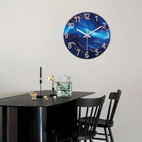 Blue Glass Wall Clocks Battery Operated 20 Inch | Marble Large Wall Clocks for Living Room Round Non Ticking Wall Clock Silent - color: Blue1, size: 20 Inch