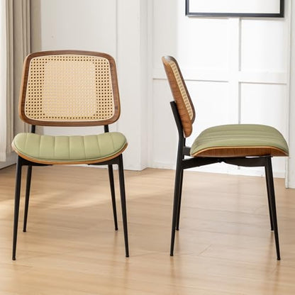 Rattan Dining Room Chairs Set of 4,Mid Century Modern Green PU Leather Kitchen Chair,Upholstered Seat Metal Legs Chairs with Adjustable Foot Pads,Walnut Armless Side Chairs - color: Green, size: Set of 2