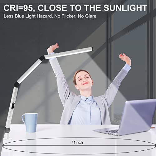 LED Desk Lamp for Home Office, Architect Clamp Desk Lamp with Remote Control, Adjustable Dimmable Swing Arm Clamp on Table Light Clip-on Dual Light 5 Brightness Levels & 4 CCT Modes - color: White+Remote