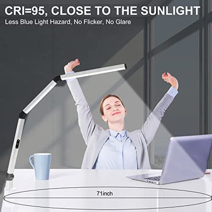 LED Desk Lamp for Home Office, Architect Clamp Desk Lamp with Remote Control, Adjustable Dimmable Swing Arm Clamp on Table Light Clip-on Dual Light 5 Brightness Levels & 4 CCT Modes - color: White+Remote