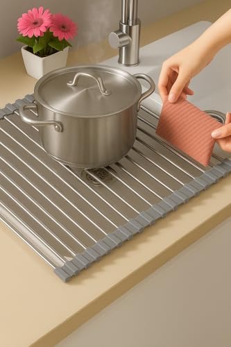 Over Sink Dish Dryng Rack - Roll Up Stainless Stell & Silicone Drying mat, Heat Resistant, Non-Slip & Foldable, Space Saving Kitchen Organizer (17.3"x 15.7") - color: Gray