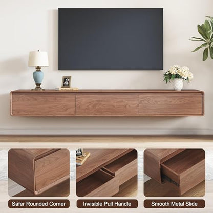 Floating TV Stand - Wall Mounted Mid Century Entertainment Center with 3 Storage Drawers, Modern Media Console Fits 65-100 Inches TV for Living Room (Walnut, 94.49", Wall Mounted (Floating)) - size: 94.49"