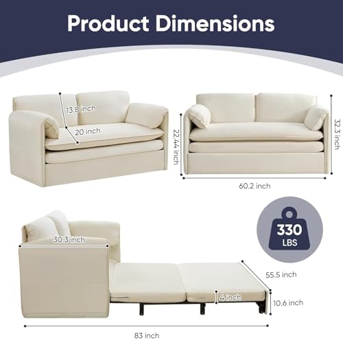 ijuicy 3 in 1 Convertible Sofa Bed, Queen Size Pull Out Sofa Bed -Beige | with 2 Side Pockets & Soft Armrest,60" Velvet Loveseat Sleeper Sofa with 4" Mattress for Living Room Furniture,Small Spaces - color: Beige