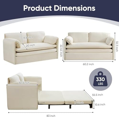 ijuicy 3 in 1 Convertible Sofa Bed, Queen Size Pull Out Sofa Bed -Beige | with 2 Side Pockets & Soft Armrest,60" Velvet Loveseat Sleeper Sofa with 4" Mattress for Living Room Furniture,Small Spaces - color: Beige