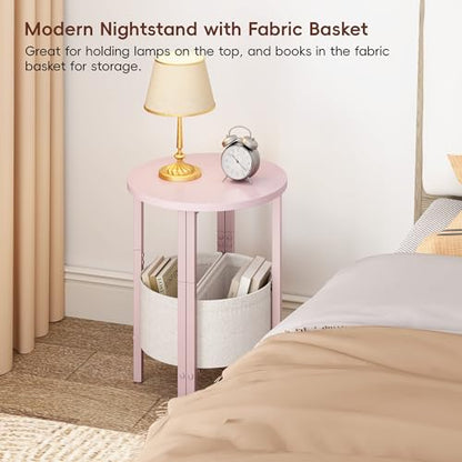 Small Round Side Table, Accent End Table with Storage Basket, Set of 2 Half Round Coffee Table End Table, Half Moon Bedside Table, Modern Nightstand Couch Table for Living Room Bedroom, Pink - color: Pink