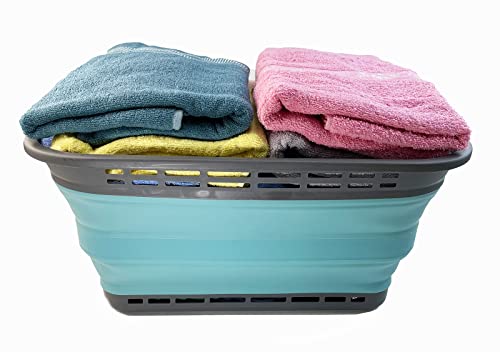 SAMMART 42L (11 Galloons) Collapsible Plastic Laundry Basket - Foldable Pop Up Storage Container/Organizer - Portable Washing Tub - Space Saving Hamper/Basket[BPA Free] (Grey/Crystal Blue (Set of 2)) - color: Grey/Crystal Blue (Set of 2)