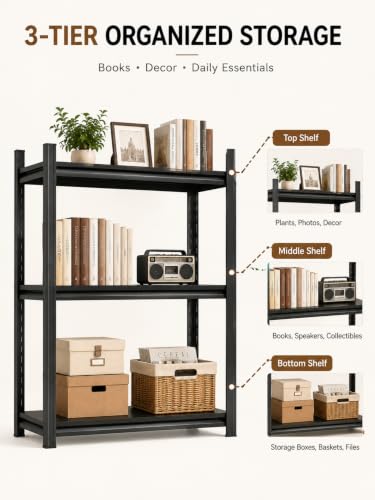 3 Shelf Bookcase, 32" W x 14" D x 32" H Narrow Metal Bookcase for Small Spaces, Black Small Bookshelf, Industrial Standing Storage Shelves for Living Room, Bedroom & Home Office - size: 3 Tier-32"Wx 14"Dx 32"H