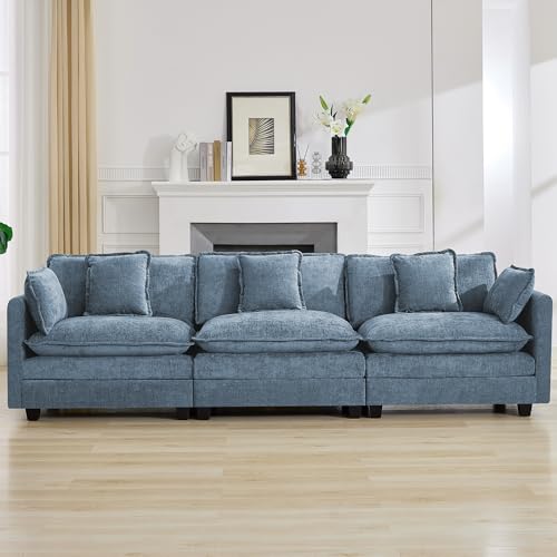 111'' Sectional Cloud Deep Seat Couch, Modern Comfy Chenille Modular Sectional Sofa for Living Room Set, Upholstered Modular 3-Seats Sofa Couch, Blue - color: Blue, size: 111'' 3 Seats