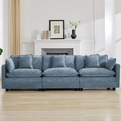 111'' Sectional Cloud Deep Seat Couch, Modern Comfy Chenille Modular Sectional Sofa for Living Room Set, Upholstered Modular 3-Seats Sofa Couch, Blue - color: Blue, size: 111'' 3 Seats