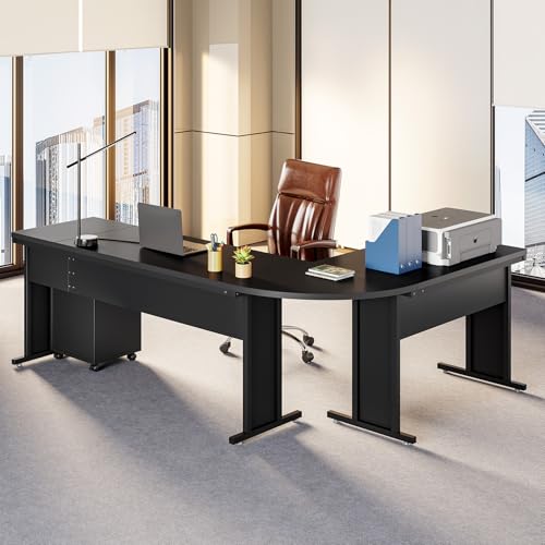 LITTLE TREE 82.67" Long Executive Desk Large L-Shaped Computer Office Desk with 3-Drawer Mobile File Cabinet, Industrial Business Furniture Desk Workstation for Home Office, Black - color: Black