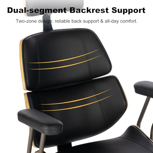Mid Century Walnut PU Leather High Back Office Chair with Headrest, Black | Curved walnut back & seat, high-back with headrest, PU leather, padded armrests, executive swivel & rolling for home office - color: Black, size: 2-Section Back / Headrest
