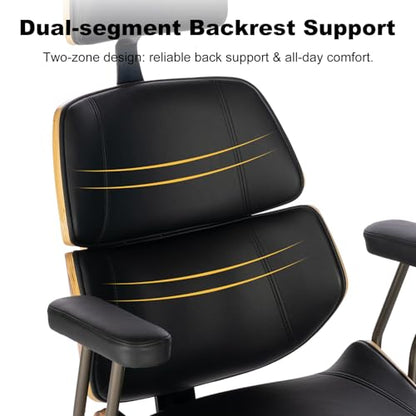 Mid Century Walnut PU Leather High Back Office Chair with Headrest, Black | Curved walnut back & seat, high-back with headrest, PU leather, padded armrests, executive swivel & rolling for home office - color: Black, size: 2-Section Back / Headrest
